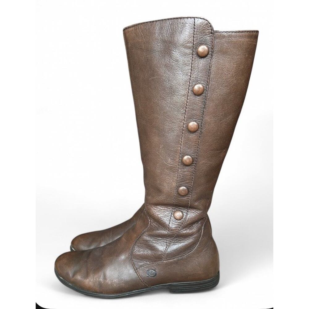 VTG Born Brown Leather Knee High Riding Boots Side Button Detail Women’s Size 6